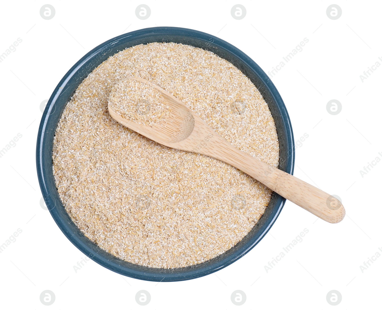 Photo of Oat bran in bowl and spoon isolated on white, top view