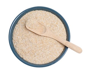 Photo of Oat bran in bowl and spoon isolated on white, top view