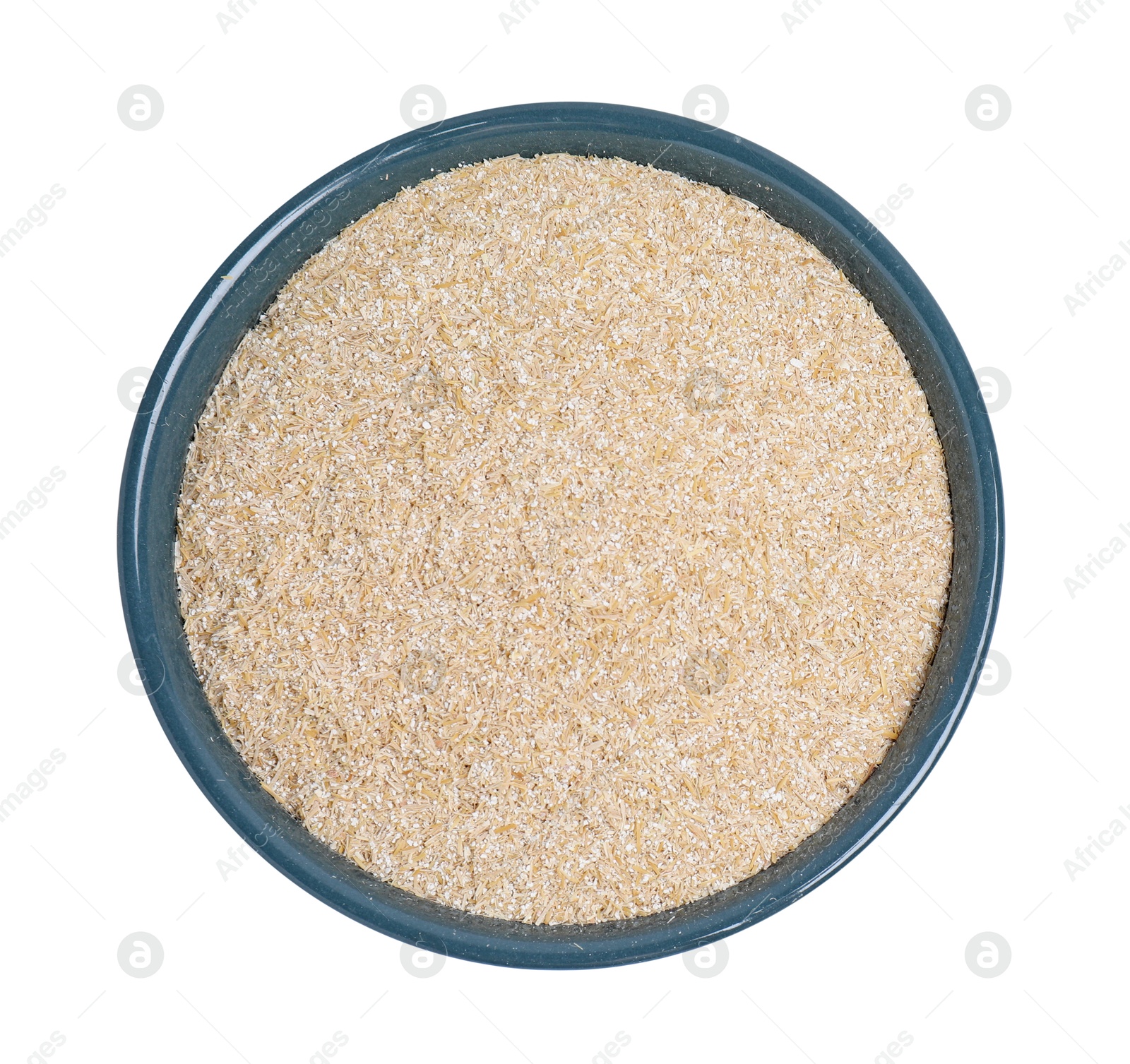 Photo of Oat bran in bowl isolated on white, top view