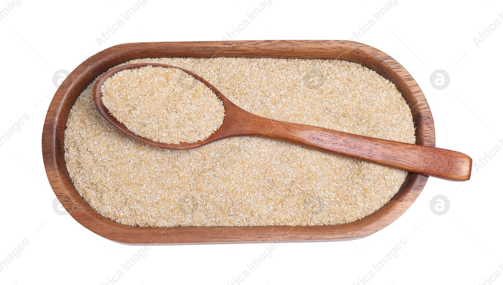 Photo of Oat bran and spoon isolated on white, top view