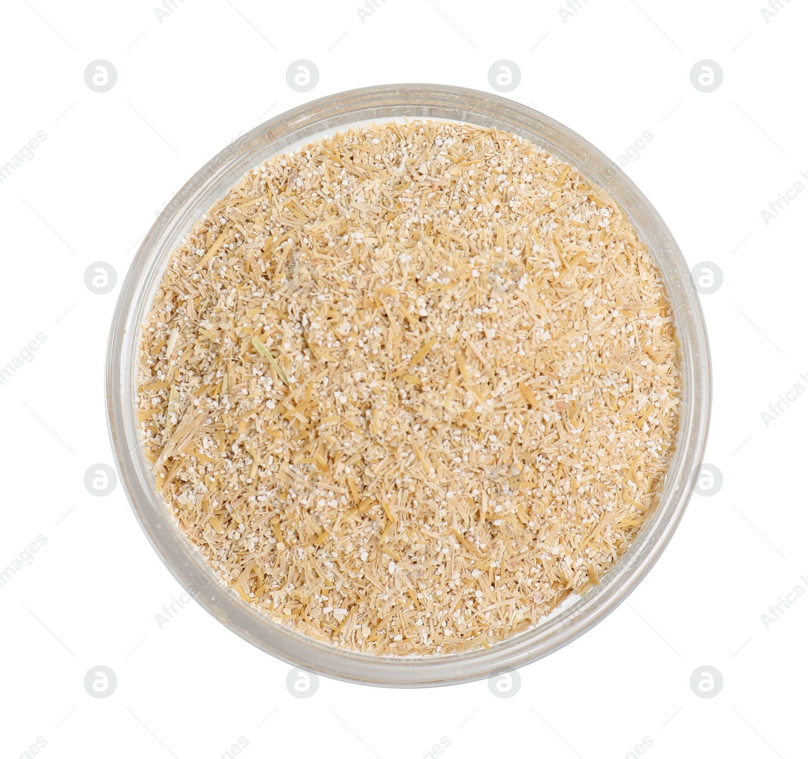 Photo of Oat bran in bowl isolated on white, top view