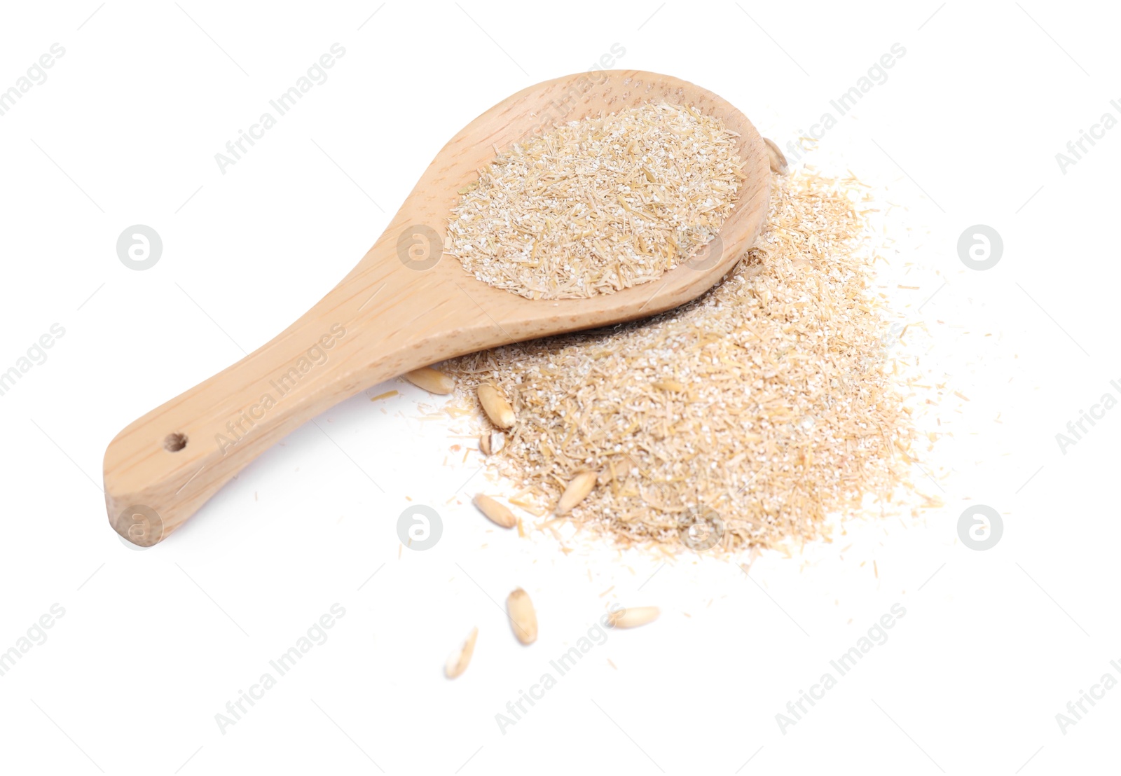 Photo of Spoon with oat bran isolated on white