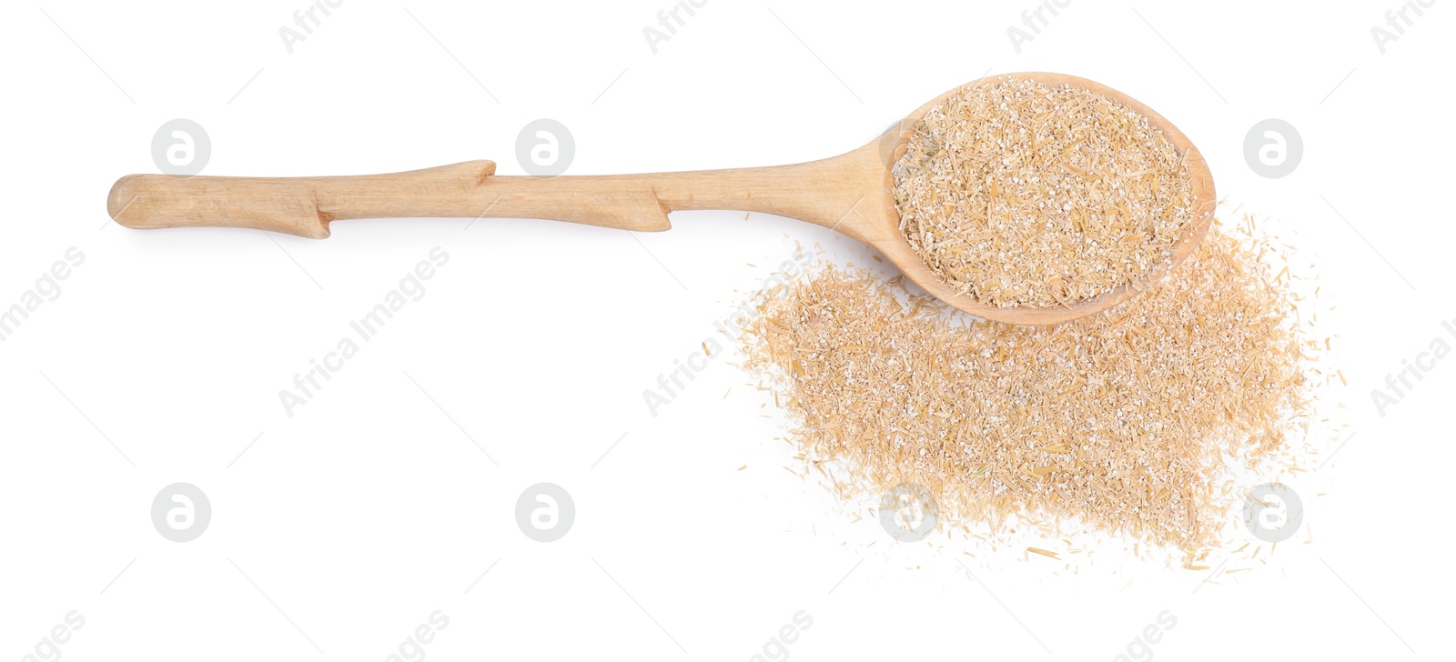 Photo of Spoon with oat bran isolated on white, top view