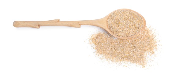 Photo of Spoon with oat bran isolated on white, top view