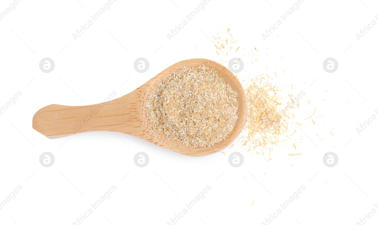 Photo of Spoon with oat bran isolated on white, top view