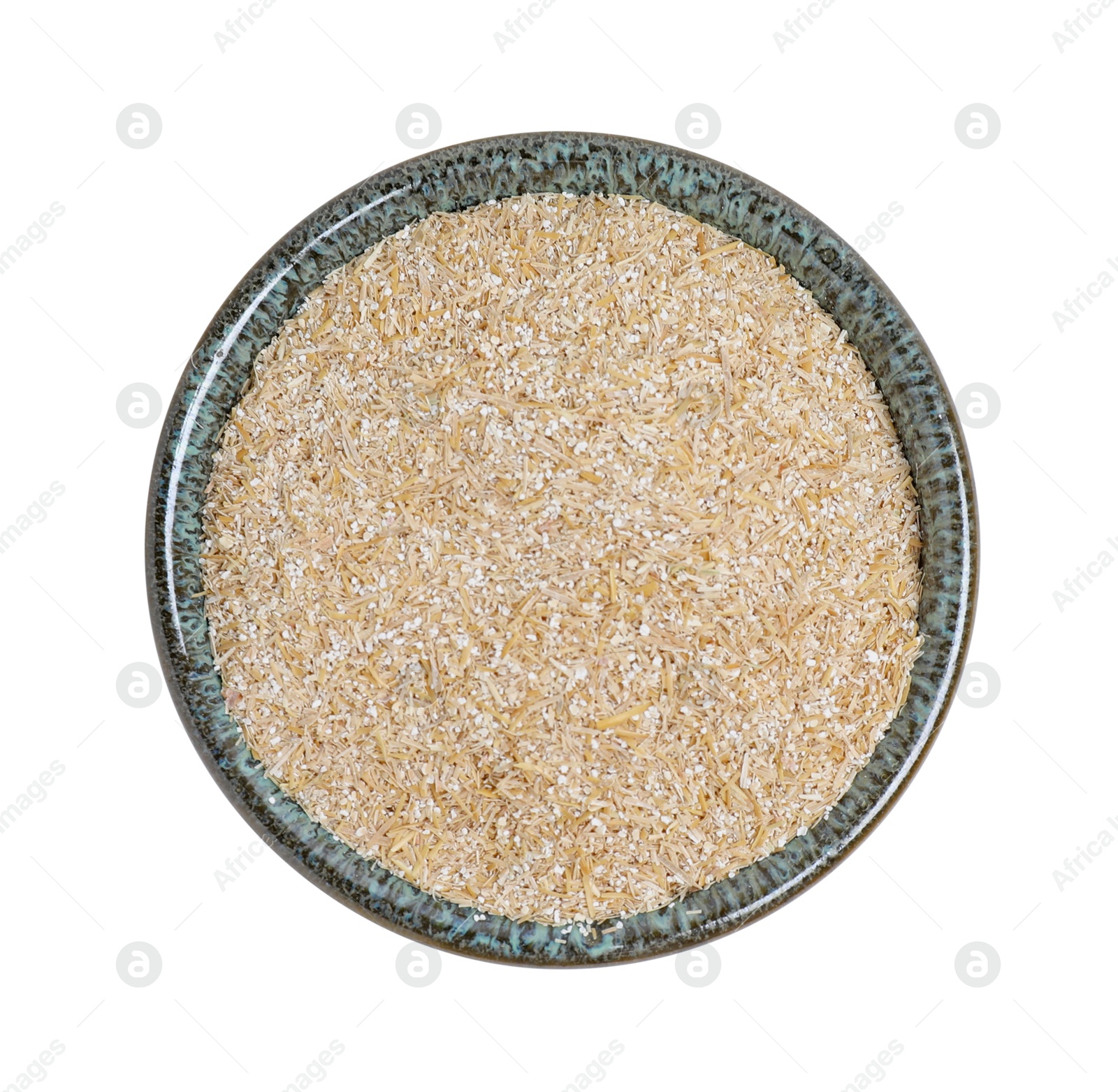 Photo of Oat bran in bowl isolated on white, top view