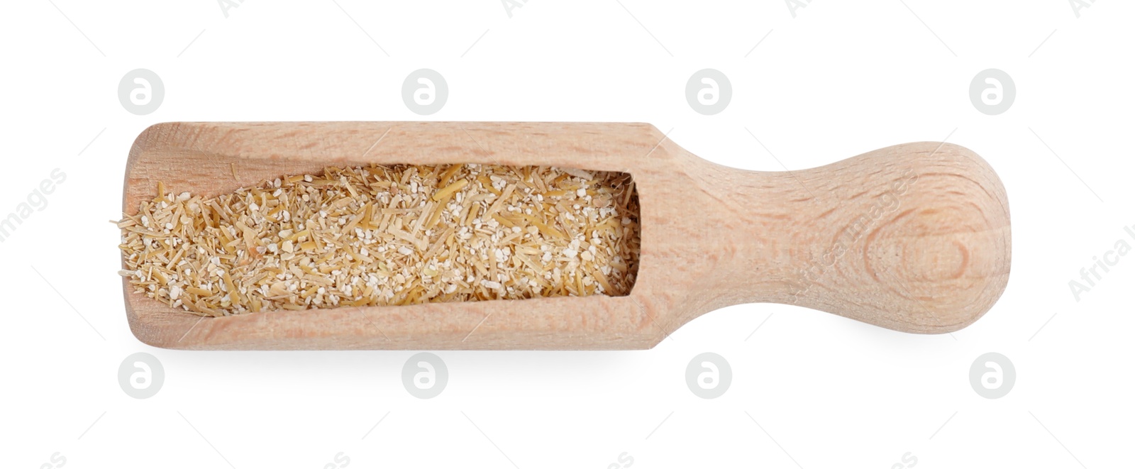 Photo of Scoop with oat bran isolated on white, top view