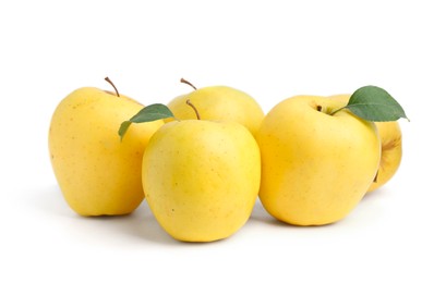 Photo of Many fresh yellow apples isolated on white