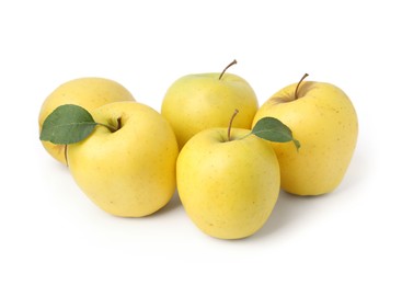 Photo of Many fresh yellow apples isolated on white