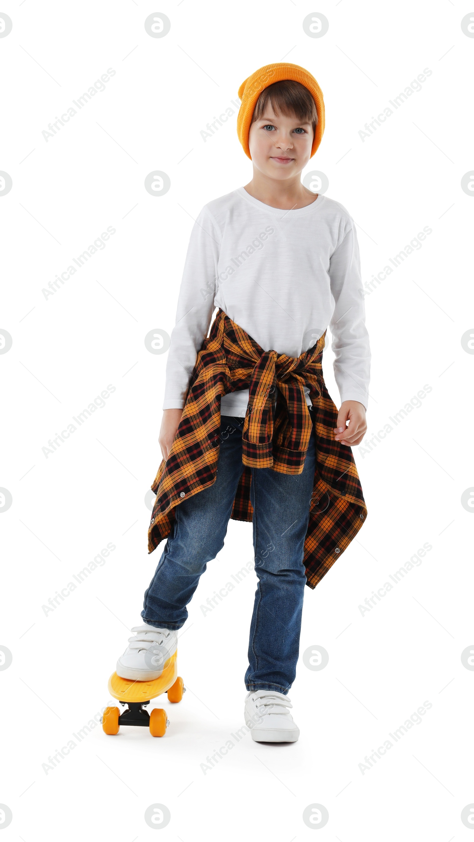 Photo of Little boy with skateboard on white background