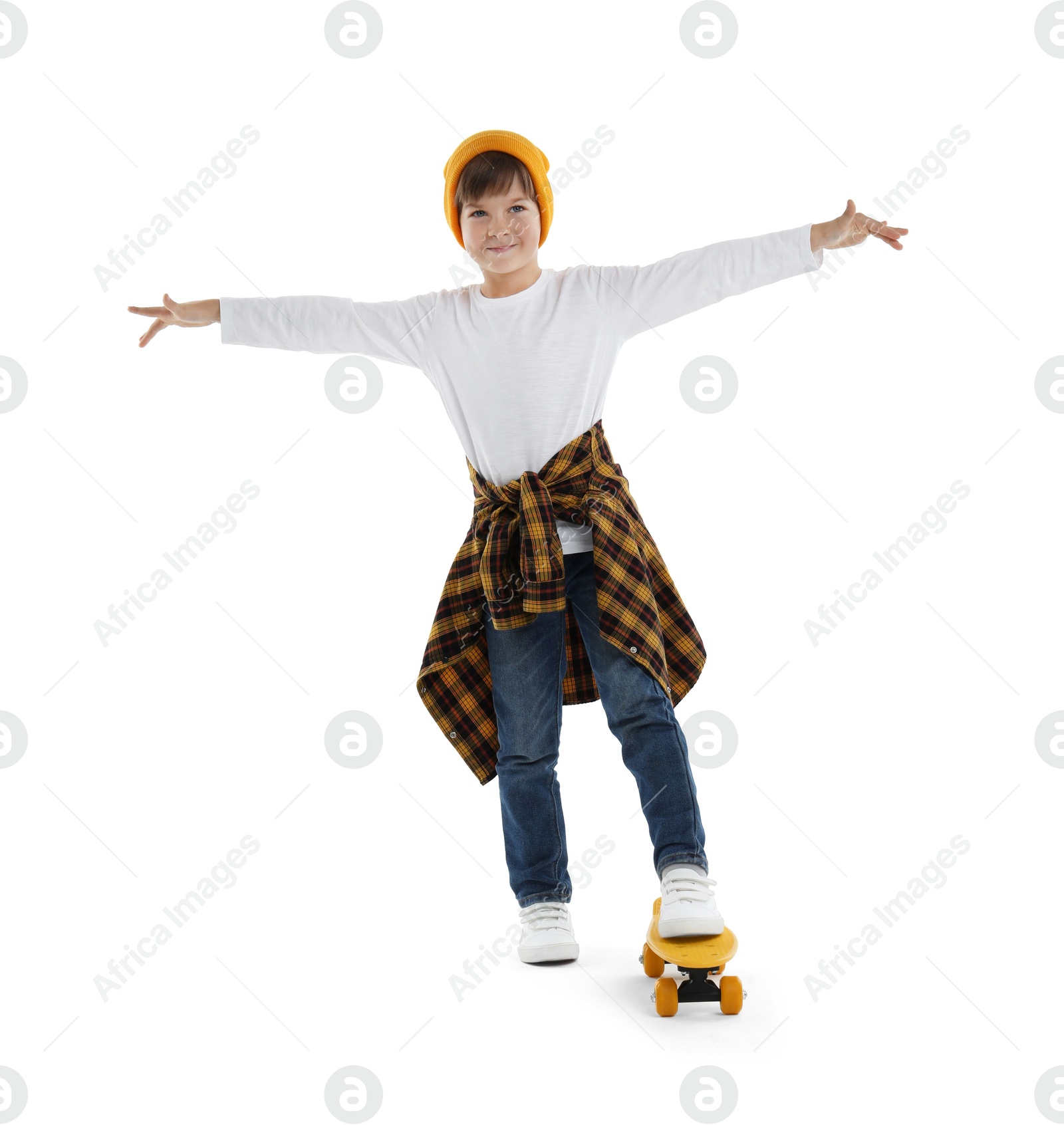 Photo of Little boy with skateboard on white background