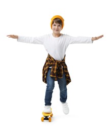 Photo of Little boy with skateboard on white background