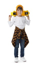 Photo of Little boy with skateboard on white background