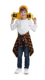 Little boy with skateboard on white background