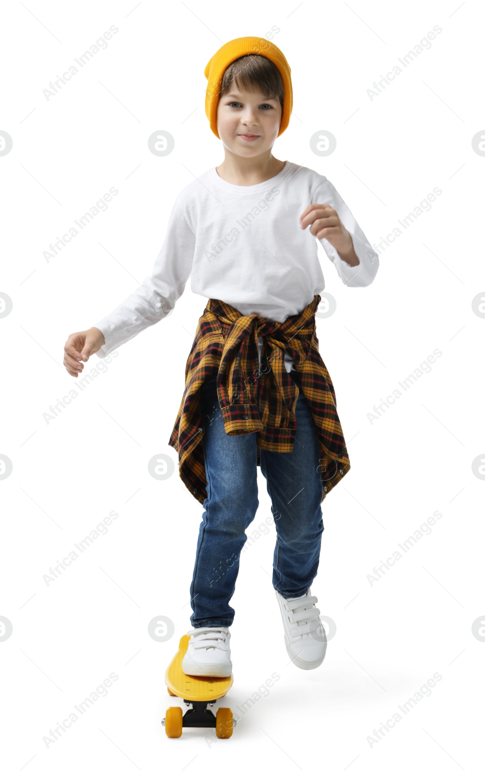 Photo of Little boy with skateboard on white background