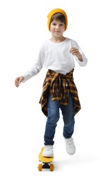 Photo of Little boy with skateboard on white background