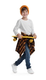 Photo of Little boy with skateboard on white background