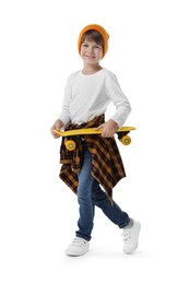 Photo of Little boy with skateboard on white background