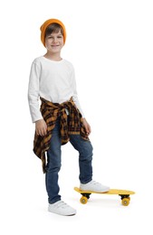 Photo of Little boy with skateboard on white background