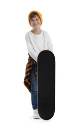 Photo of Little boy with skateboard on white background