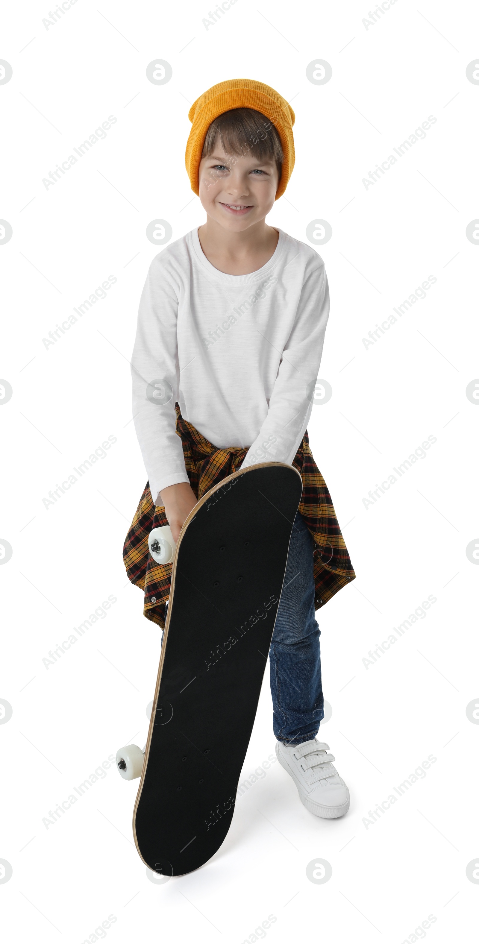 Photo of Little boy with skateboard on white background