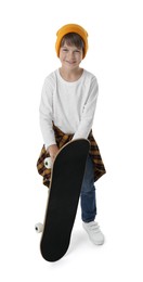 Photo of Little boy with skateboard on white background