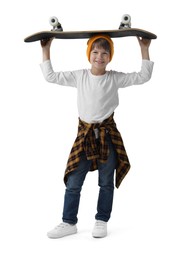 Photo of Little boy with skateboard on white background