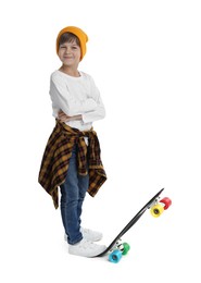 Photo of Little boy with skateboard on white background