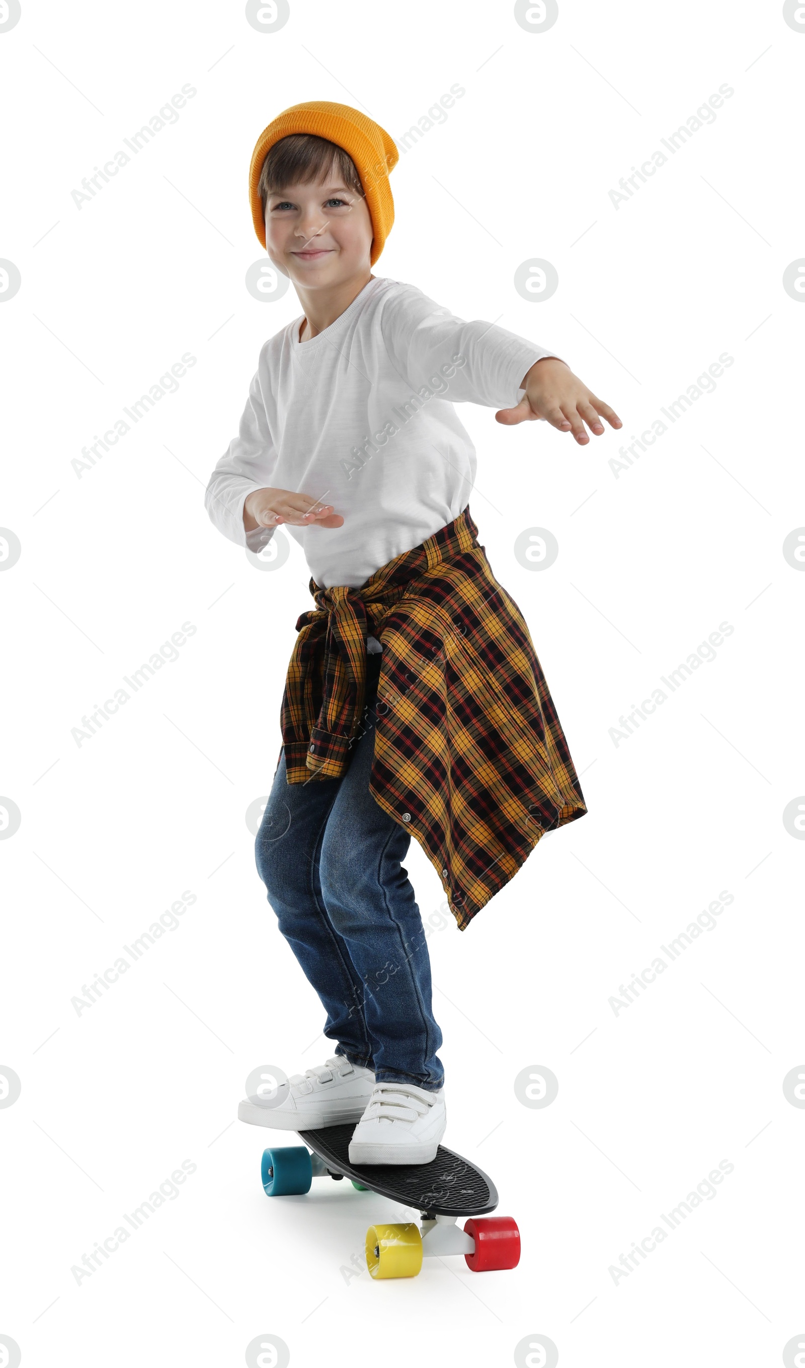 Photo of Little boy with skateboard on white background