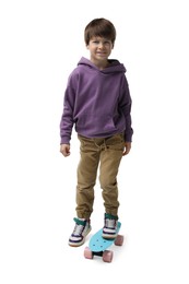 Photo of Little boy with skateboard on white background