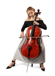 Beautiful young woman playing cello on white background