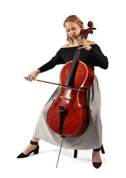 Photo of Beautiful young woman playing cello on white background