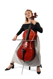 Photo of Beautiful young woman playing cello on white background