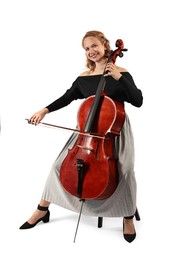 Photo of Beautiful young woman playing cello on white background