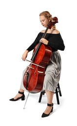 Photo of Beautiful young woman playing cello on white background