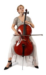 Photo of Beautiful young woman playing cello on white background