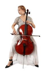 Photo of Beautiful young woman playing cello on white background