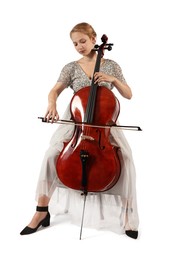 Beautiful young woman playing cello on white background