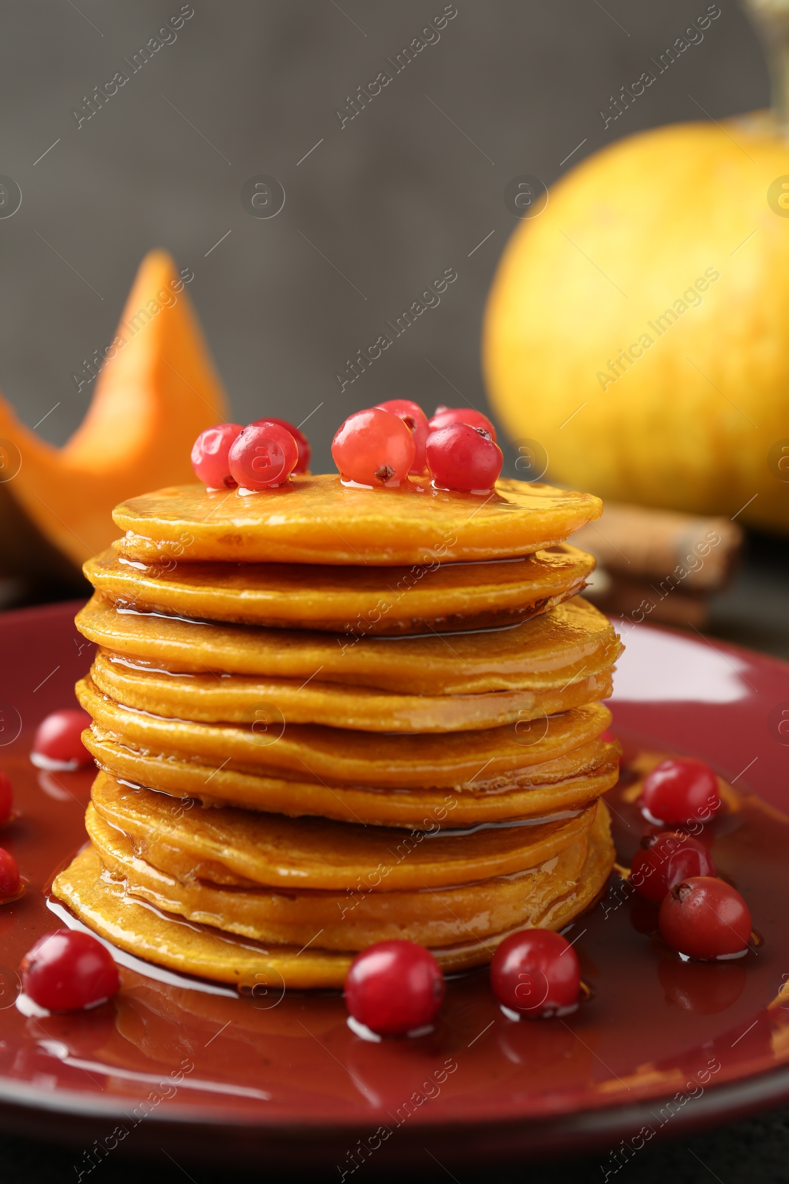 Photo of Tasty pumpkin pancakes with cranberries and honey on table, closeup