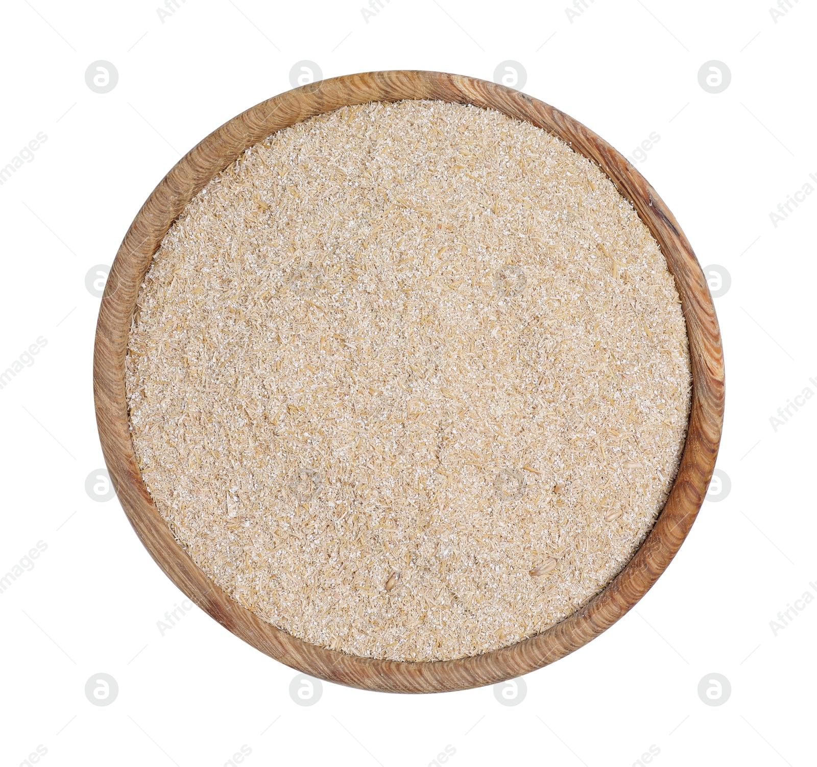 Photo of Oat bran in bowl isolated on white, top view