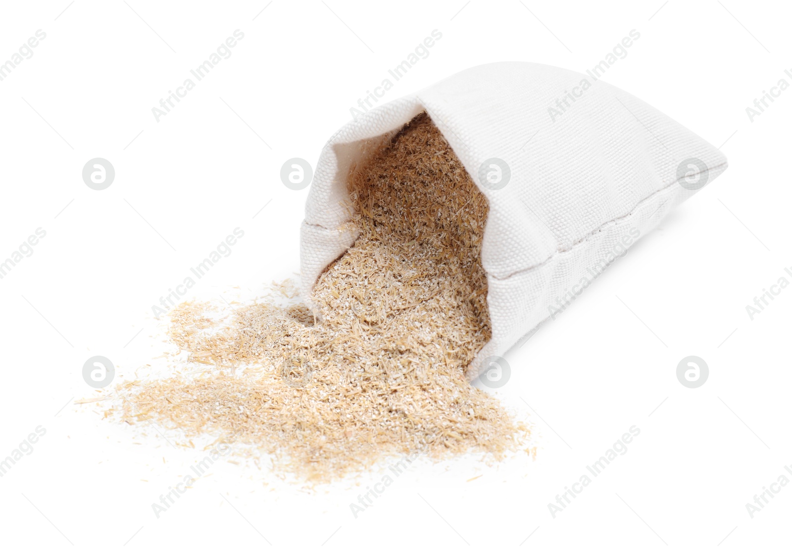 Photo of Overturned sack with oat bran isolated on white