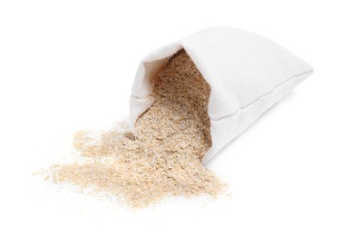 Photo of Overturned sack with oat bran isolated on white