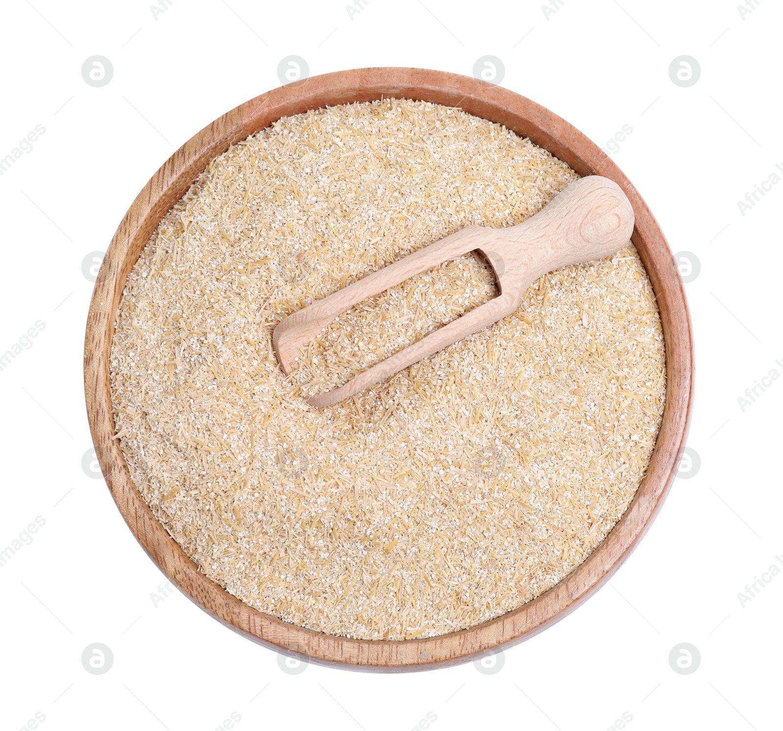 Photo of Oat bran in bowl and scoop isolated on white, top view