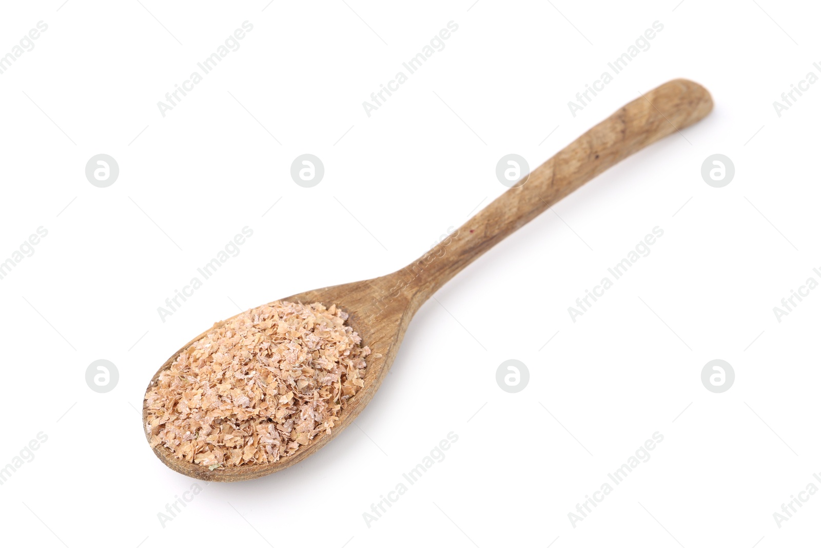 Photo of Buckwheat bran in wooden spoon isolated on white