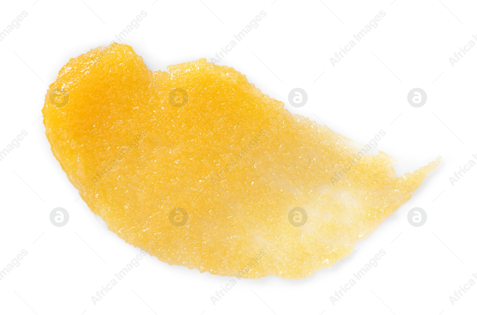 Photo of Smear of body scrub isolated on white, top view