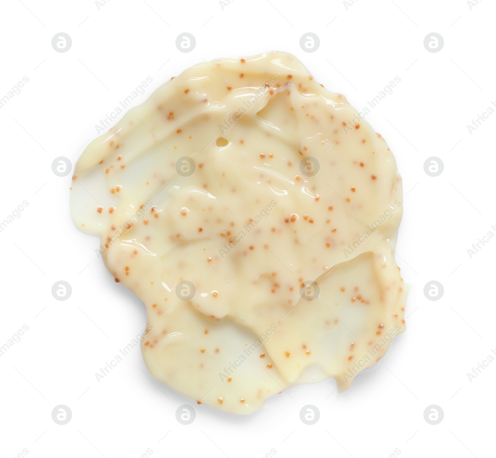 Photo of Smear of body scrub isolated on white, top view