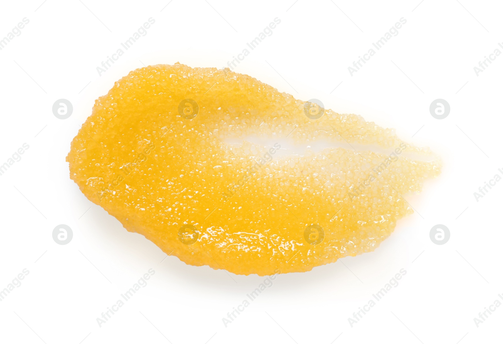 Photo of Smear of body scrub isolated on white, top view