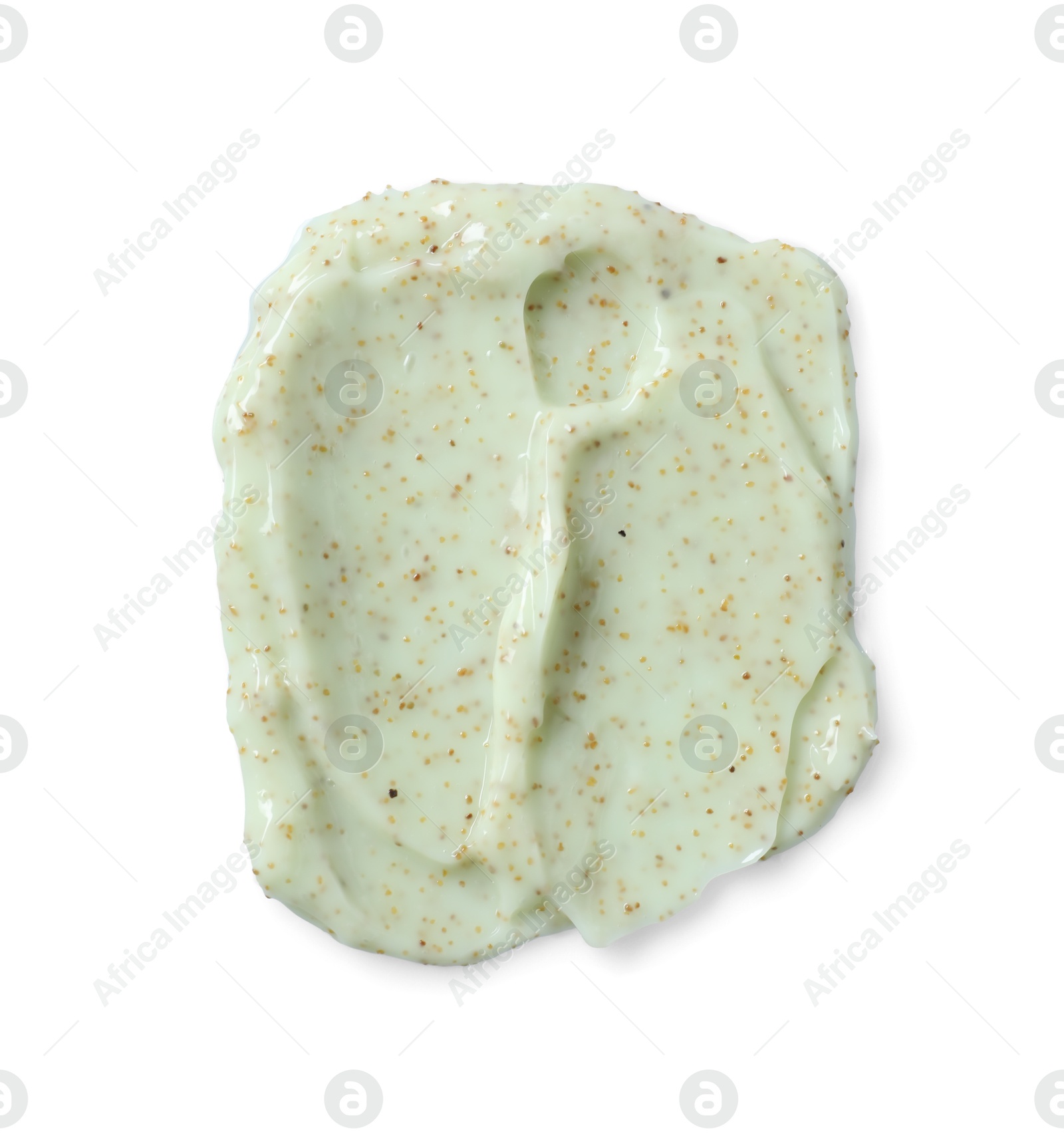 Photo of Smear of body scrub isolated on white, top view