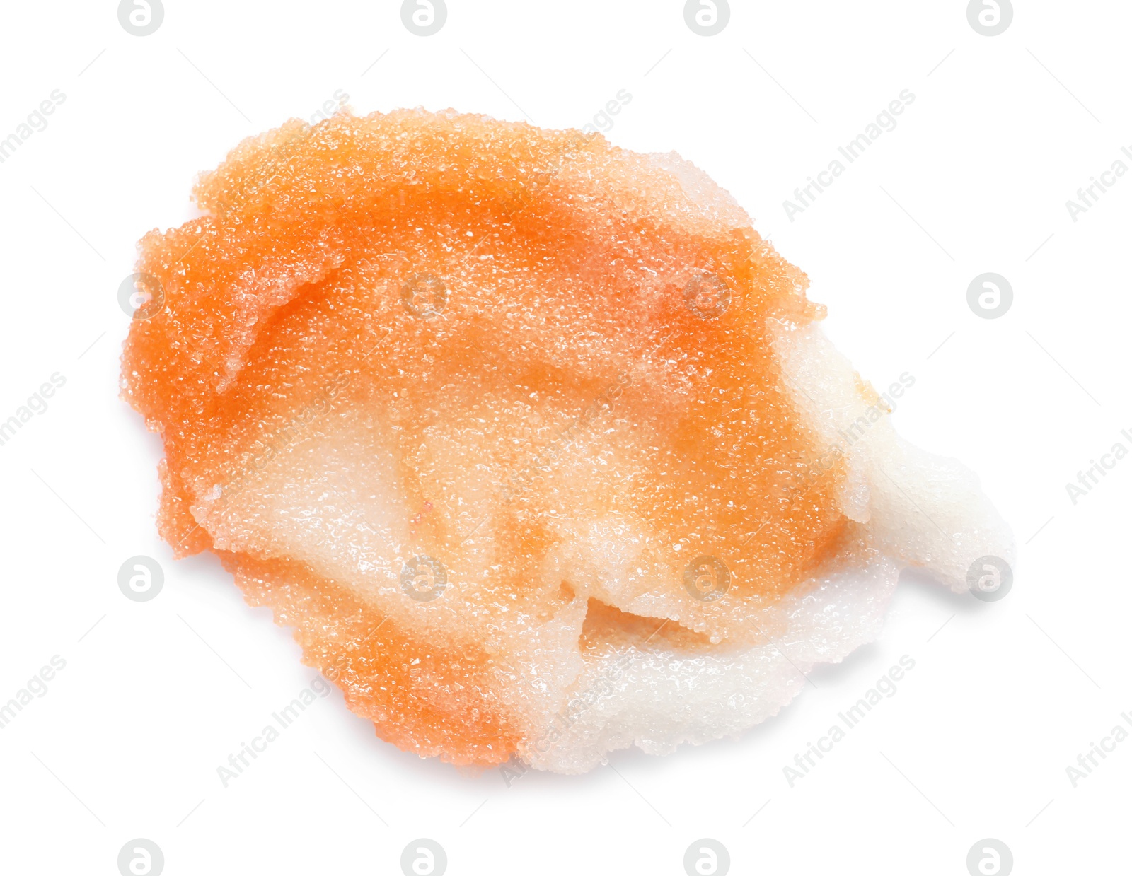 Photo of Smear of body scrub isolated on white, top view