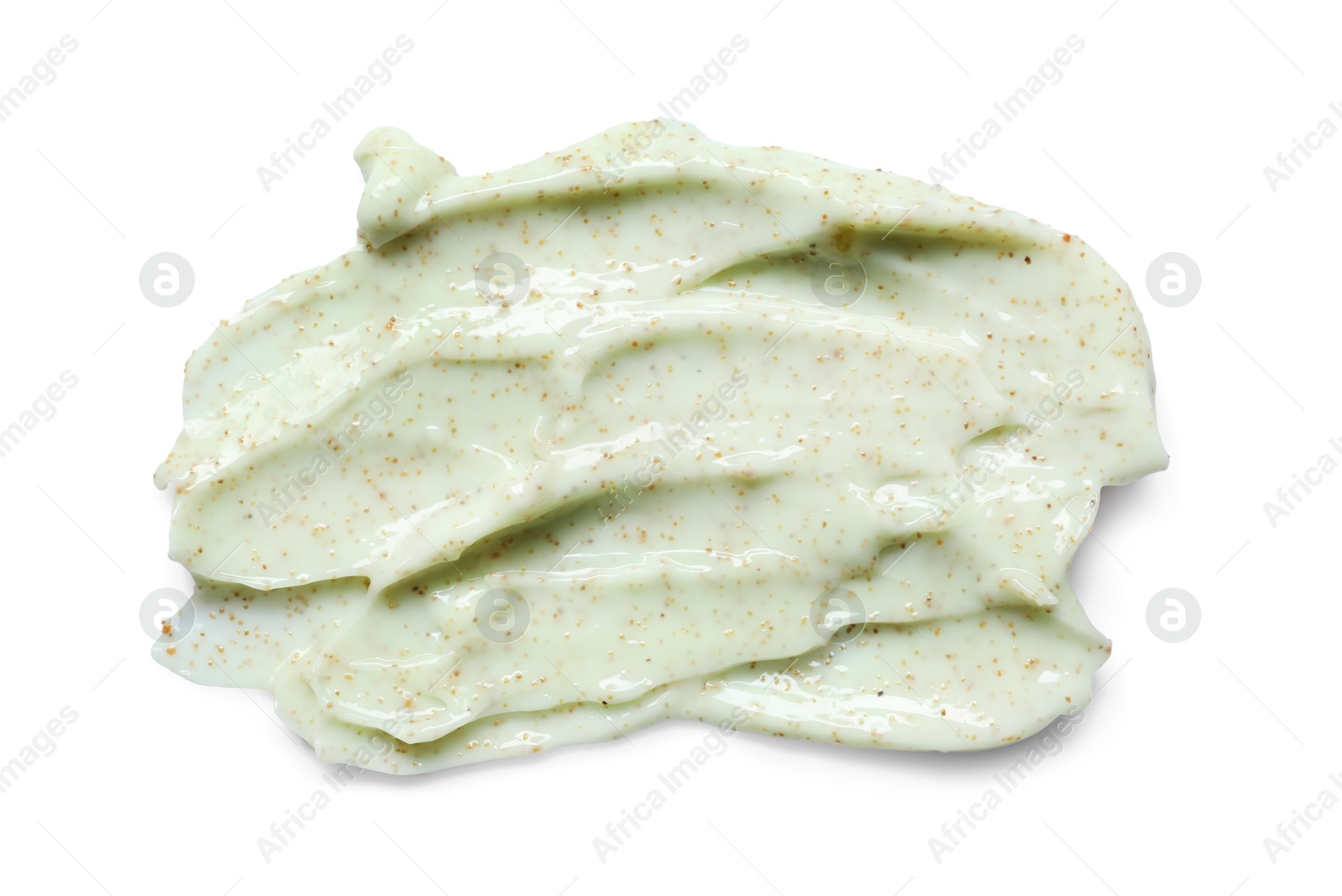 Photo of Smear of body scrub isolated on white, top view